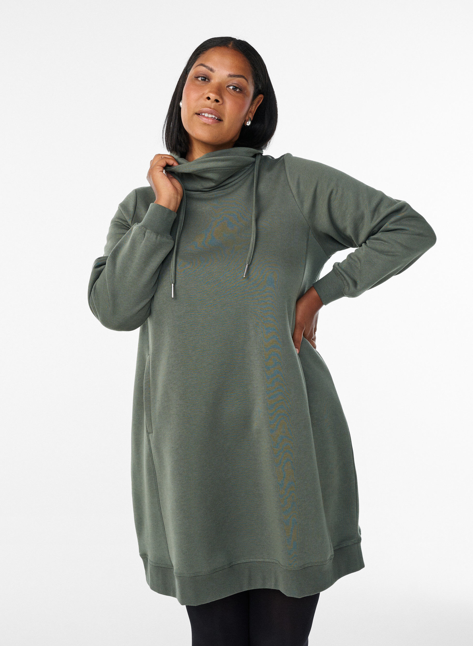 Short sweatshirt dress with high collar and pockets, Green, Model