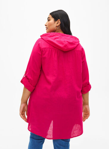 Hooded tunic in cotton and linen, Bright Rose, Model image number 1