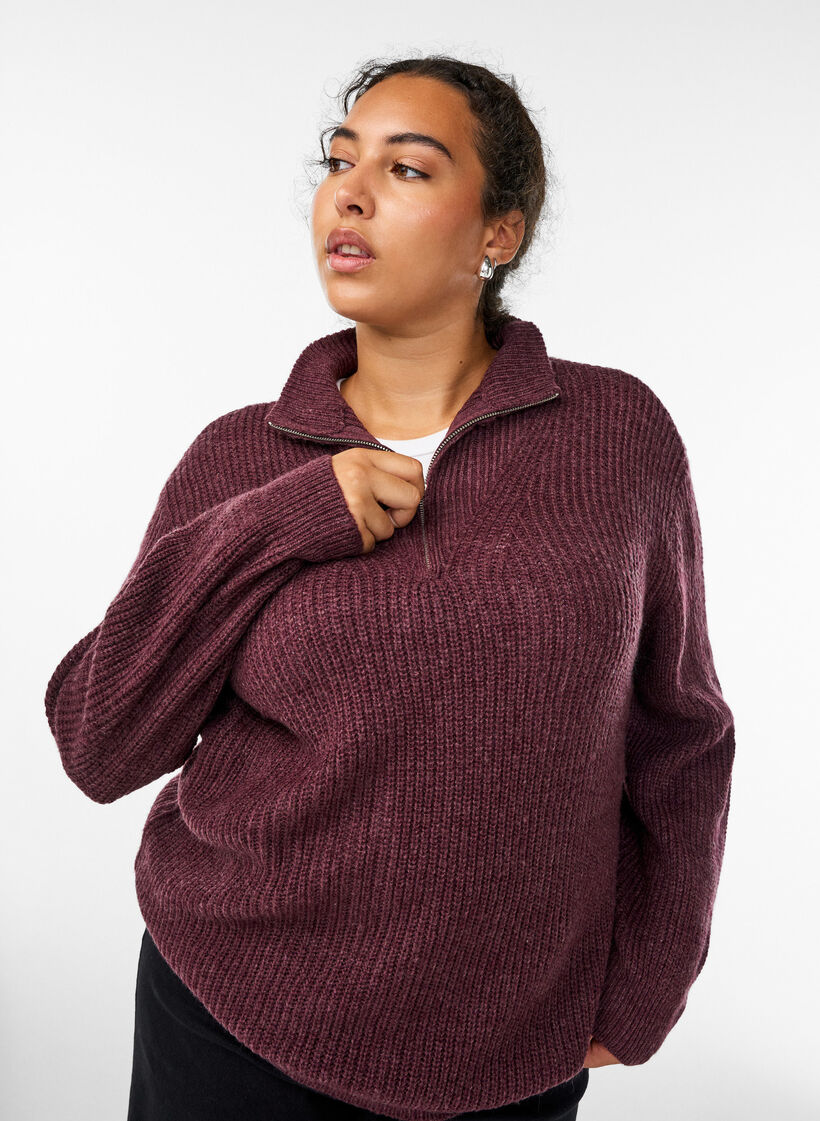 Knitted sweater with high neck and zipper, Red, Model image number 4