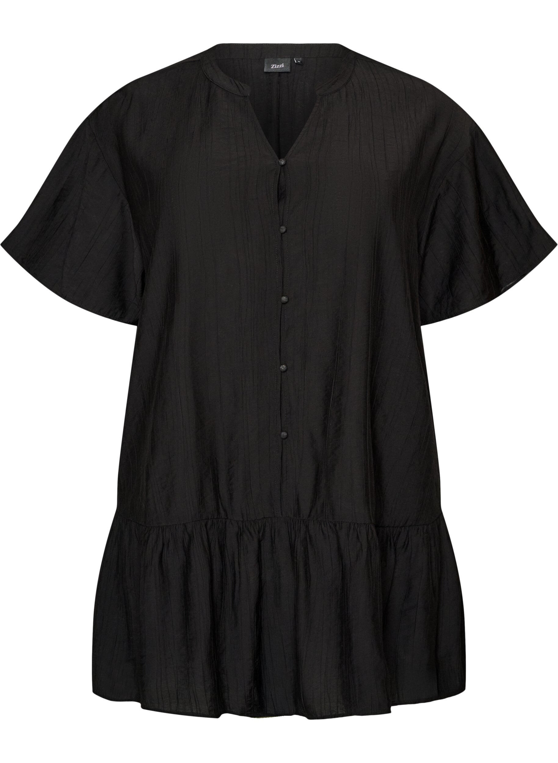 ZizzifashionLoose tunic with crinkled texture and ruffle hem, Black, Packshot image number 0
