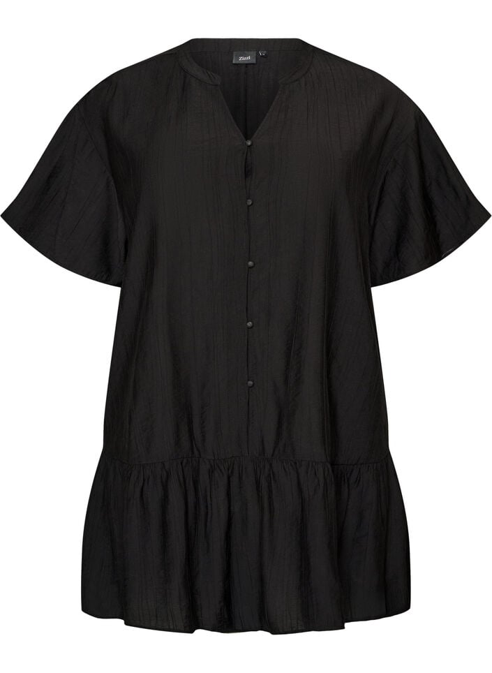 Loose tunic with crinkled texture and ruffle hem, Black, Packshot image number 0
