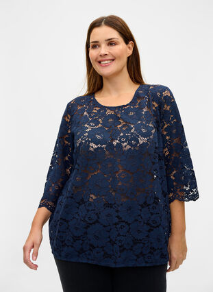 Lace blouse with 3/4 sleeves, Navy Blazer, Model image number 0