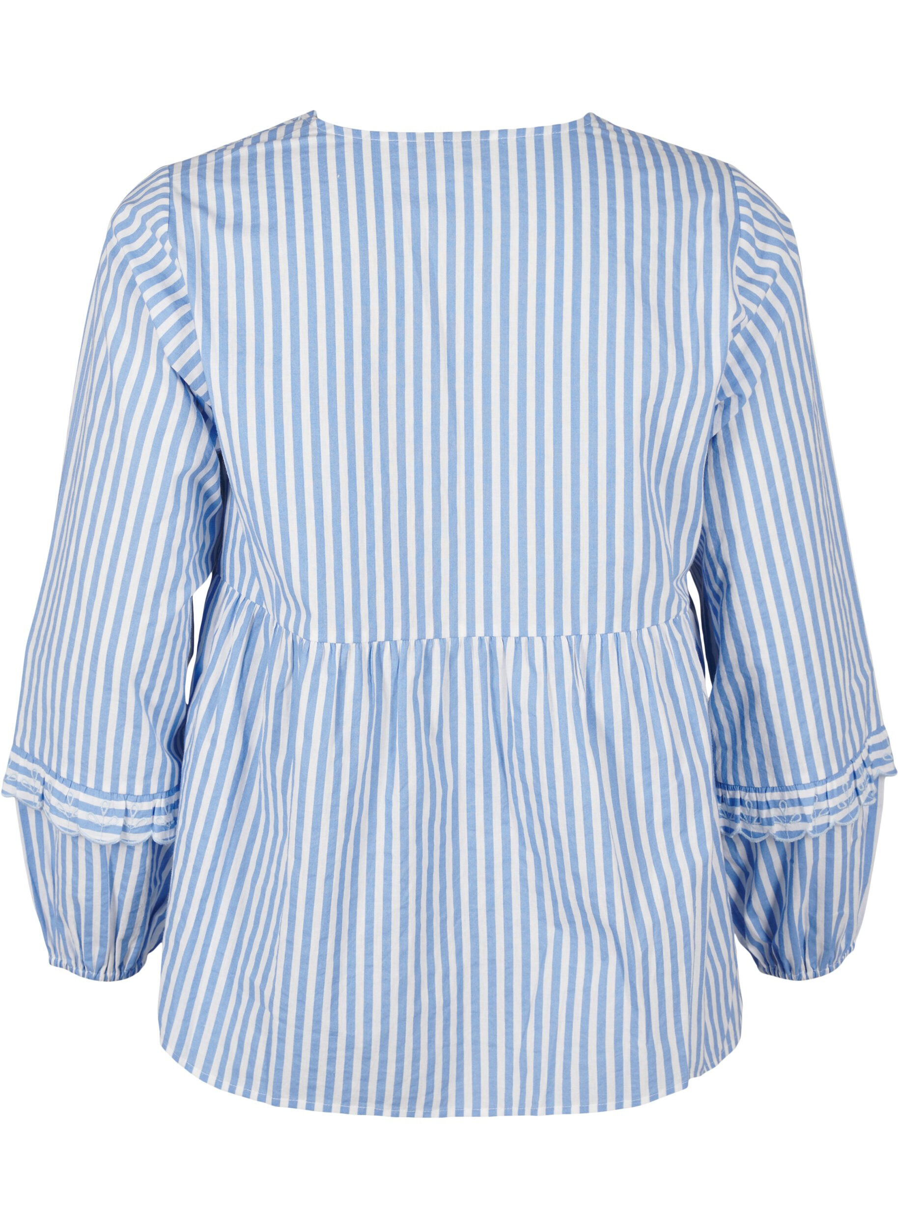 Zizzifashion Striped blouse with open front and embroidery details, Light Blue, Packshot image number 1