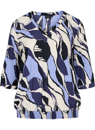 Printed viscose blouse with 3/4-length sleeves, Blue Abstract AOP, Packshot image number 0