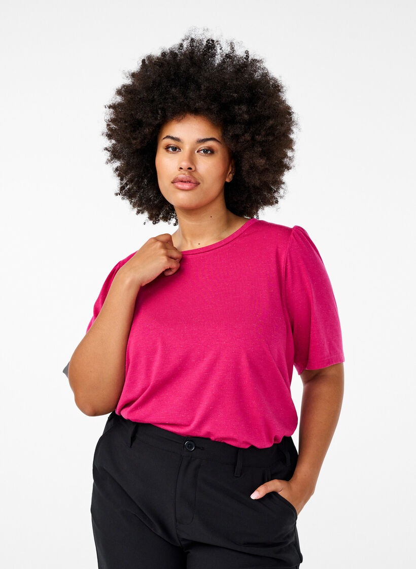 T-shirt with glitter and short puff sleeves, Pink, Model image number 0