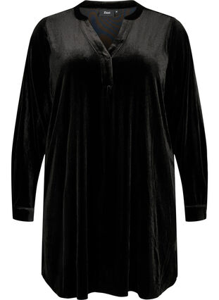 Long sleeve velour dress with v-neck, Black, Packshot image number 0