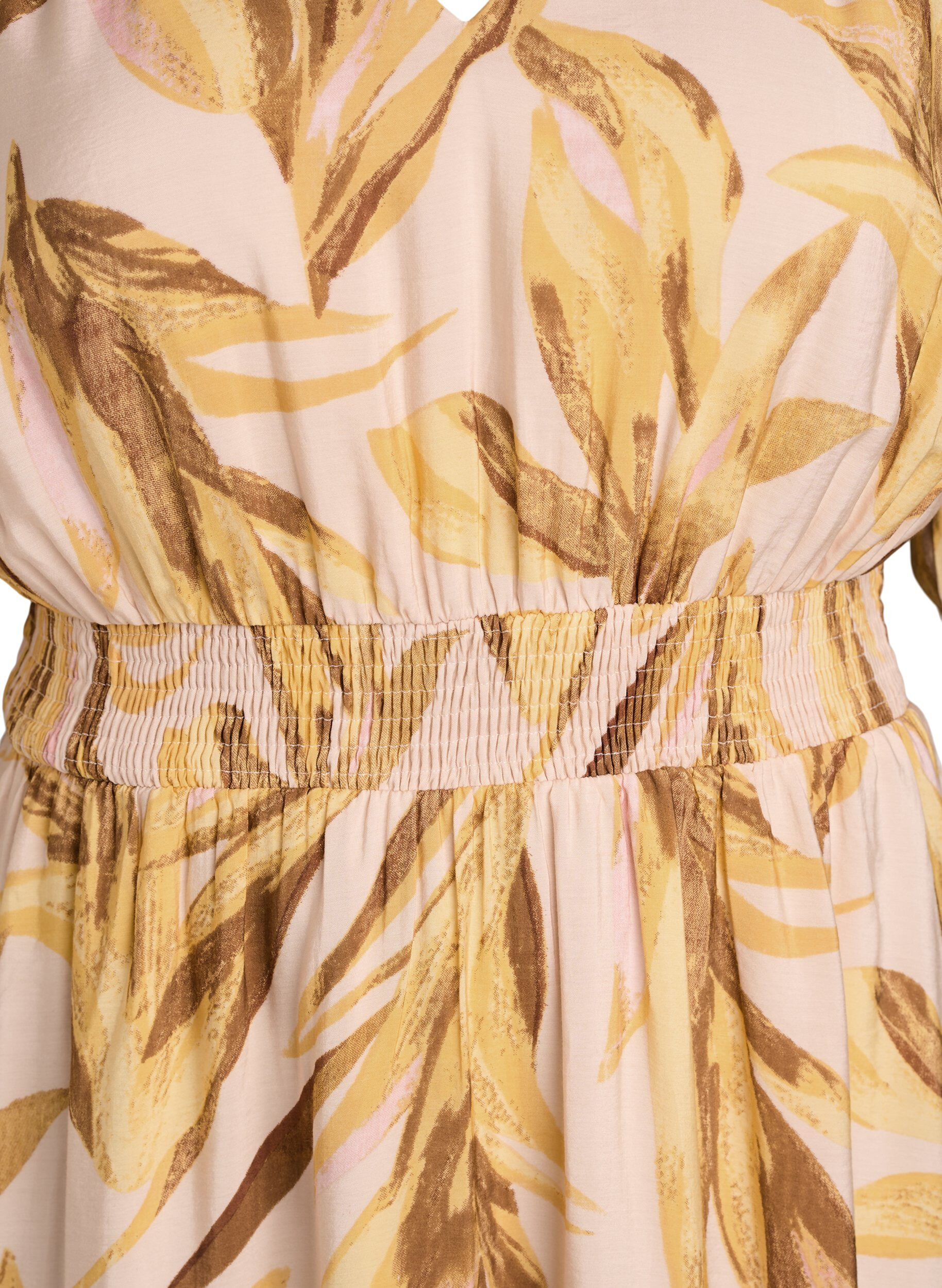 ZizzifashionViscose midi dress with leaf print and smocked waist, Yellow, Packshot image number 2
