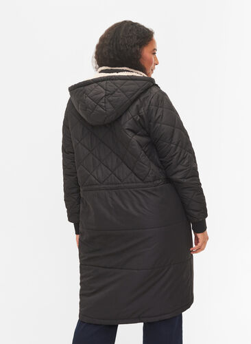 Quilted jacket with hood and adjustable waist, Black, Model image number 1