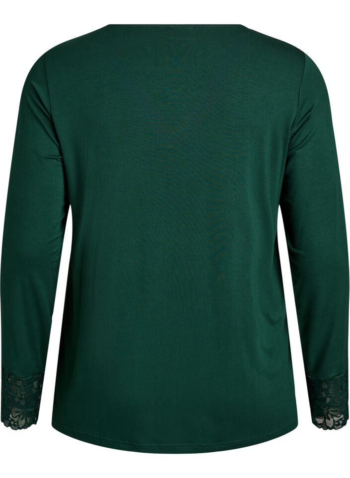 Long-sleeved pyjama top with lace details, Green, Packshot image number 1