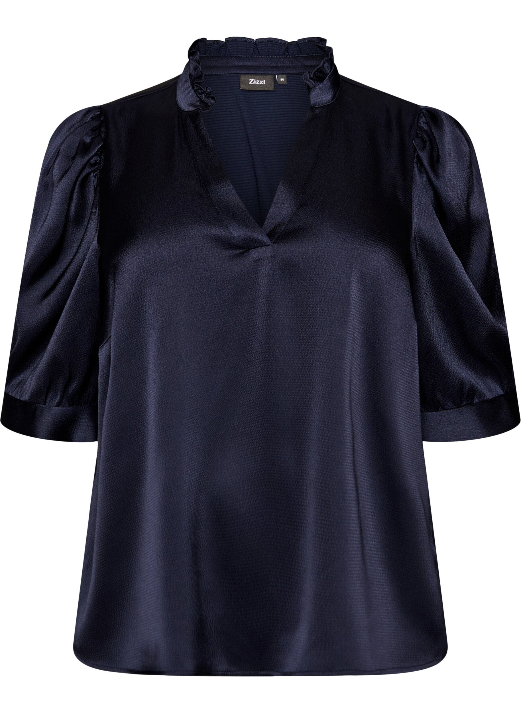 Satin-look blouse with 1/2 sleeves and a ruffle collar