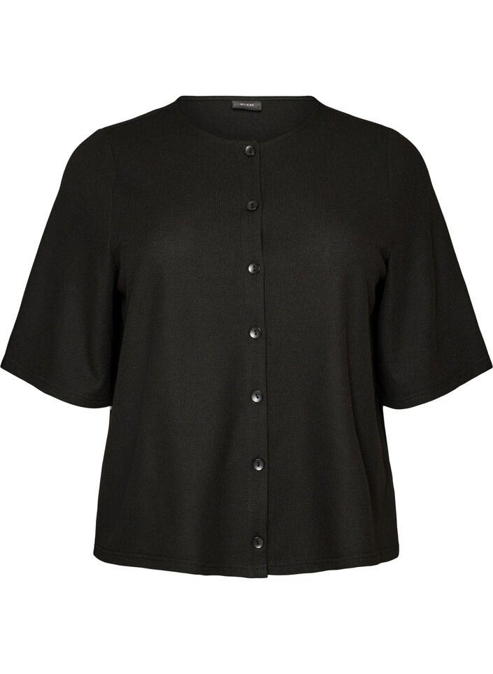 Blouse with a ribbed texture and button closure, Black, Packshot image number 0