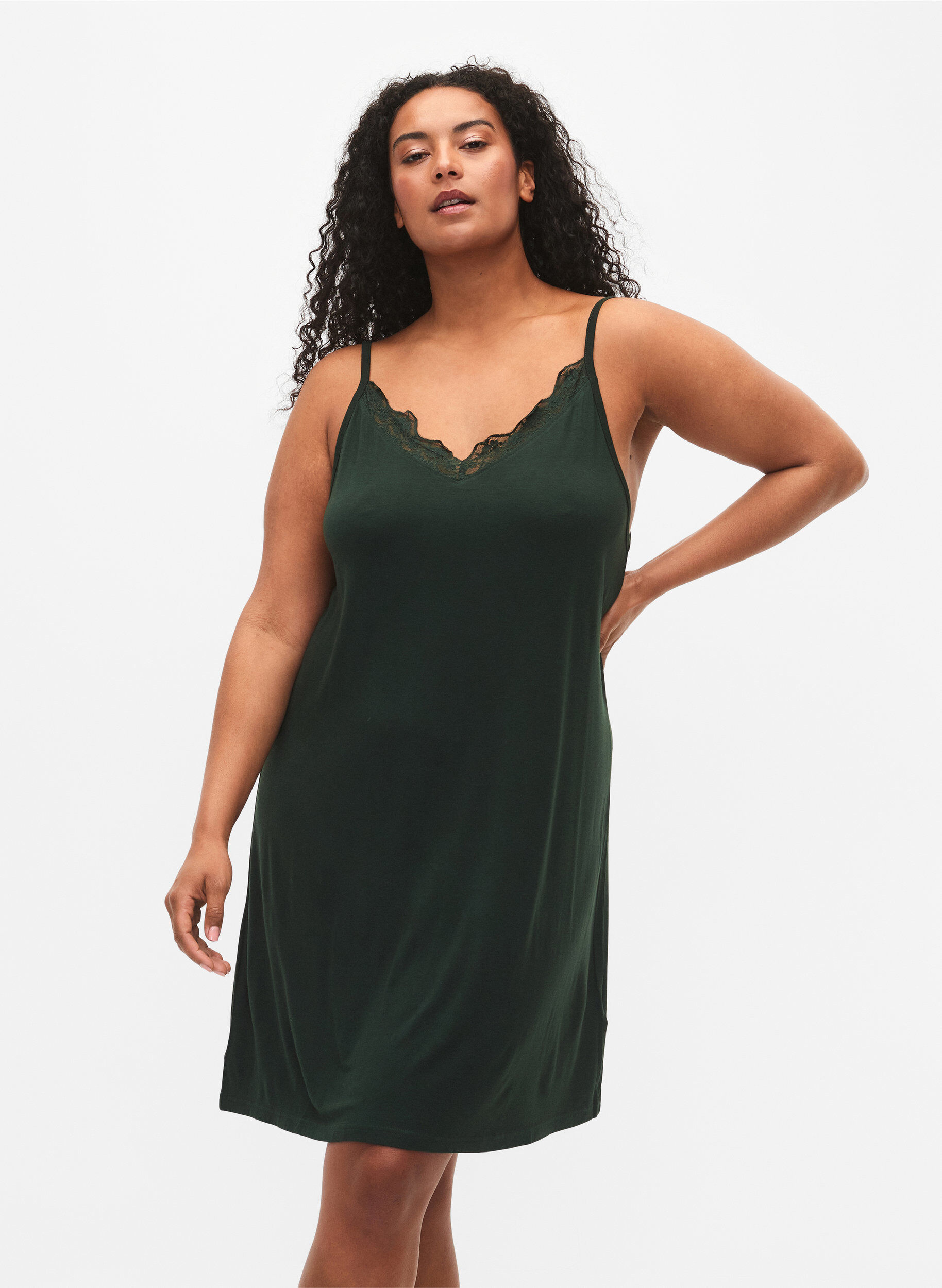 ZizzifashionViscose nightgown with lace trim, Green, Model image number 0
