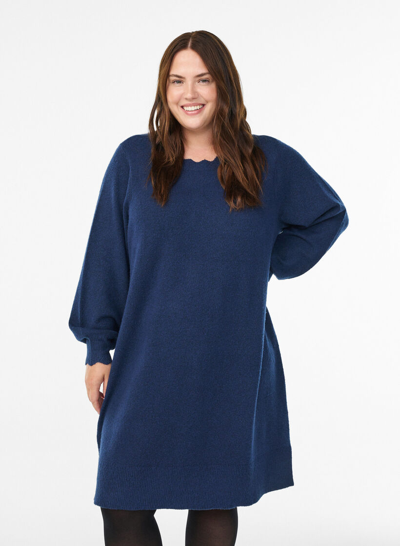 Short knitted dress with wavy hem and slits, Blue, Model image number 0