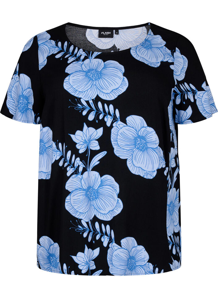 FLASH - Short sleeve viscose blouse with print, Black, Packshot image number 0