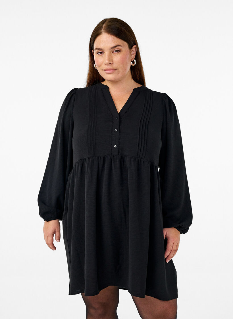 FLASH - Short dress with pleats and long sleeves, Black, Model image number 0
