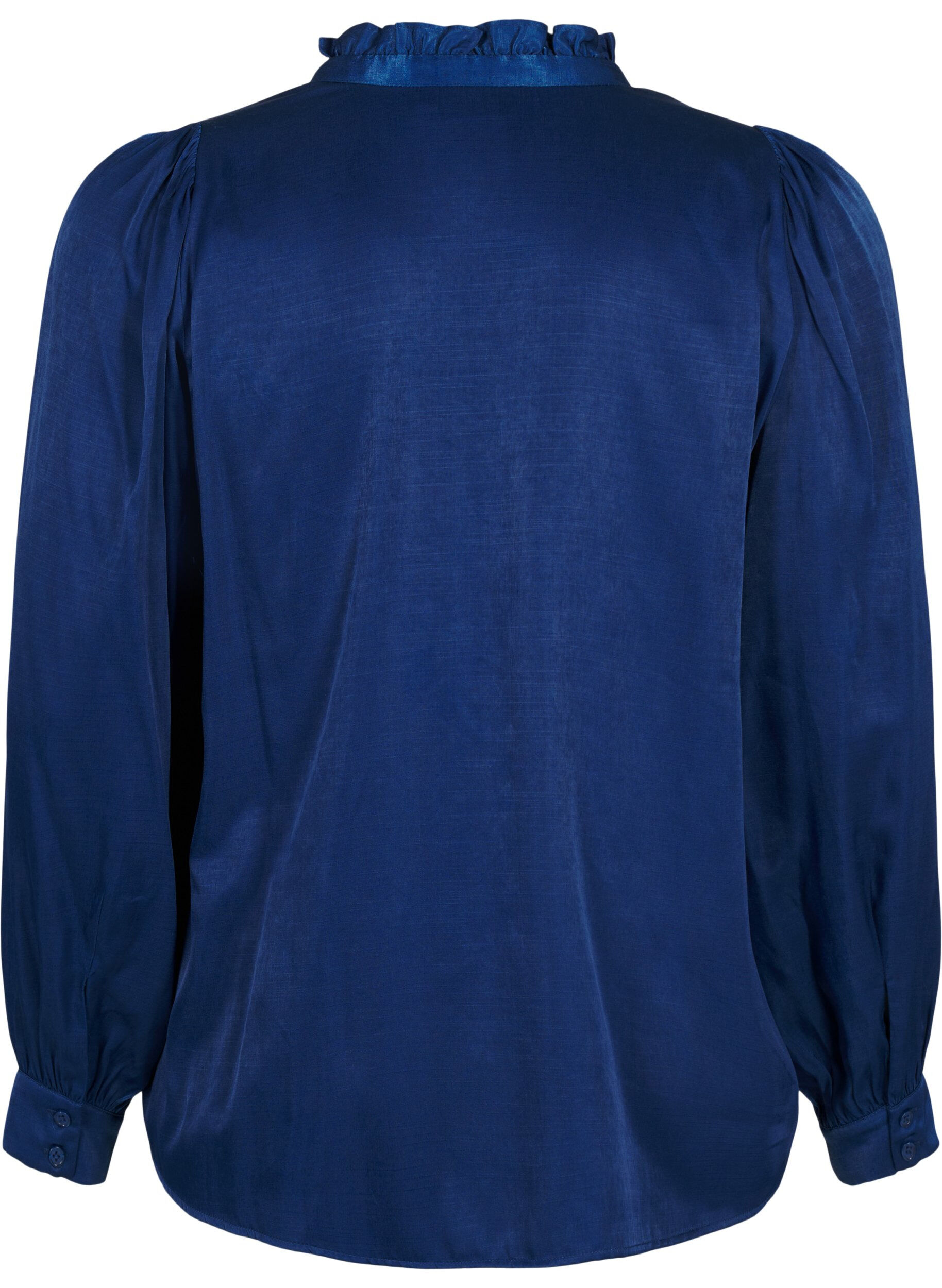 Zizzifashion Long-sleeved blouse with ruffles and v-neck, Estate Blue, Packshot image number 1