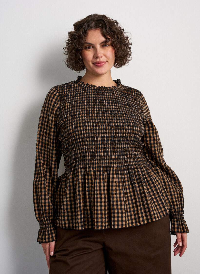 Checked blouse with smocking and peplum, Brown, Model image number 0
