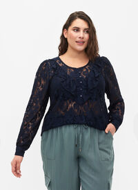 Lace top with frill detail, Navy, Model