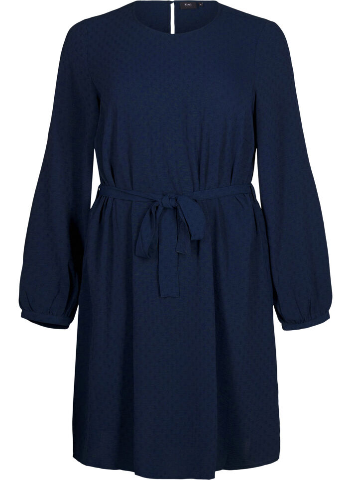 Short textured dress with a tie belt, Navy Blazer, Packshot image number 0