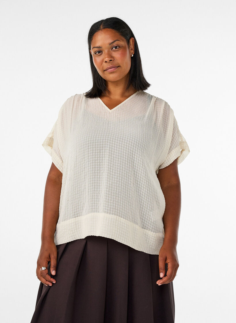 Seersucker blouse with V-neck, Beige, Model image number 0