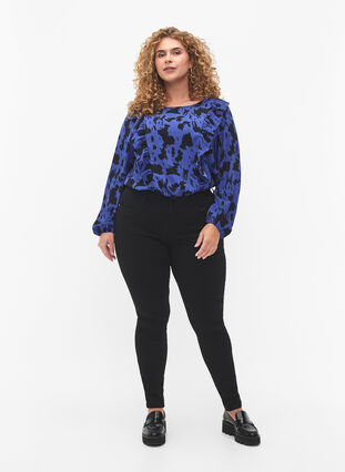 Long sleeved blouse with ruffles, Black Blue AOP, Model image number 2