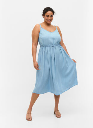 Midi dress with smock and adjustable waist, Light blue denim, Model image number 2