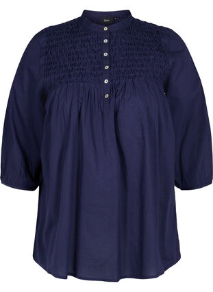 Cotton blouse with 3/4 sleeves and smock, Navy Blazer, Packshot image number 0
