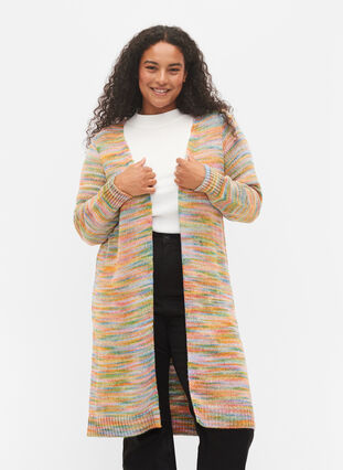 Long patterned knit cardigan in cotton blend, Multi Color, Model image number 0