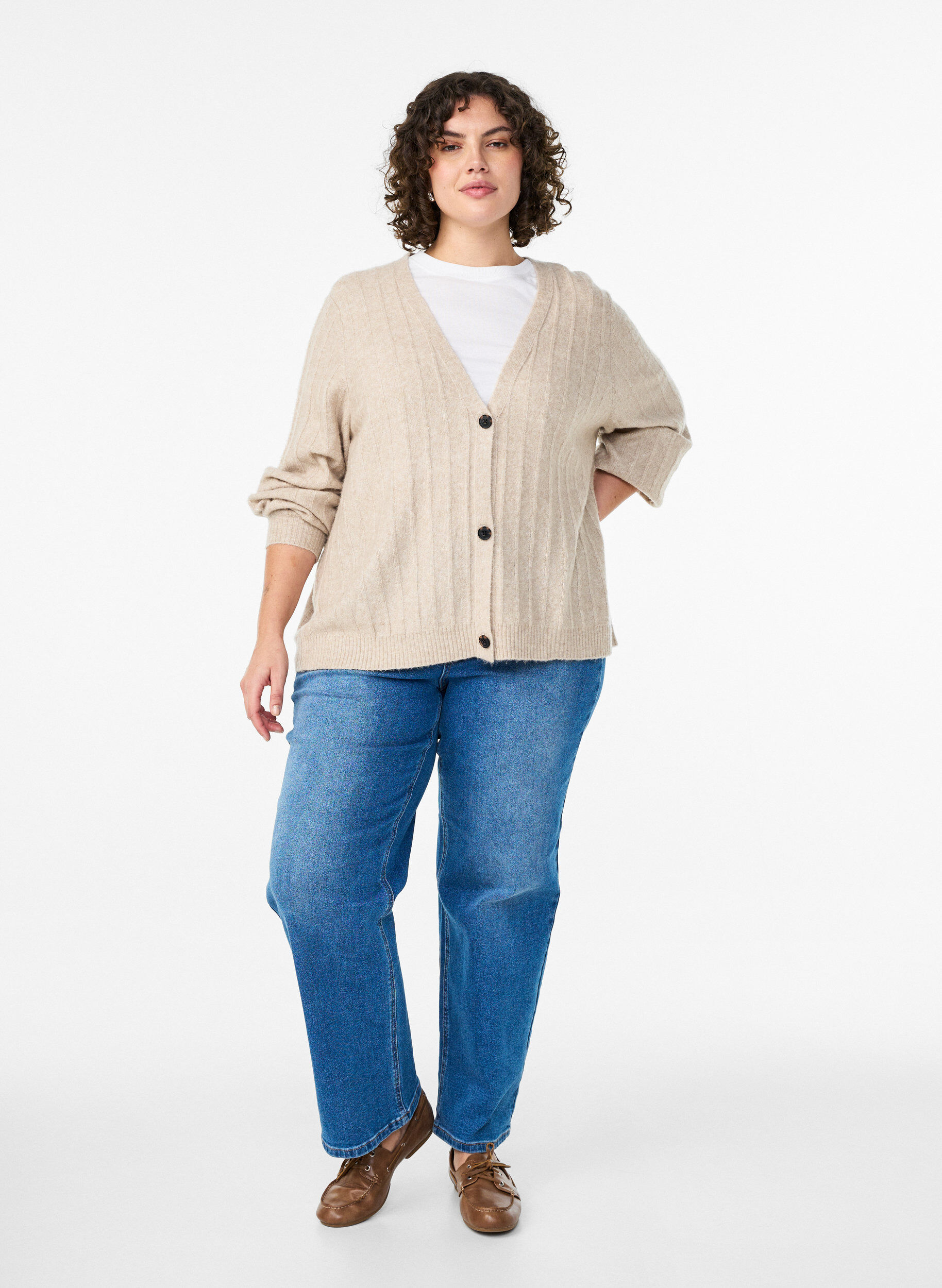 Zizzifashion Cardigan with a ribbed texture and balloon sleeves, Beige, Model image number 1