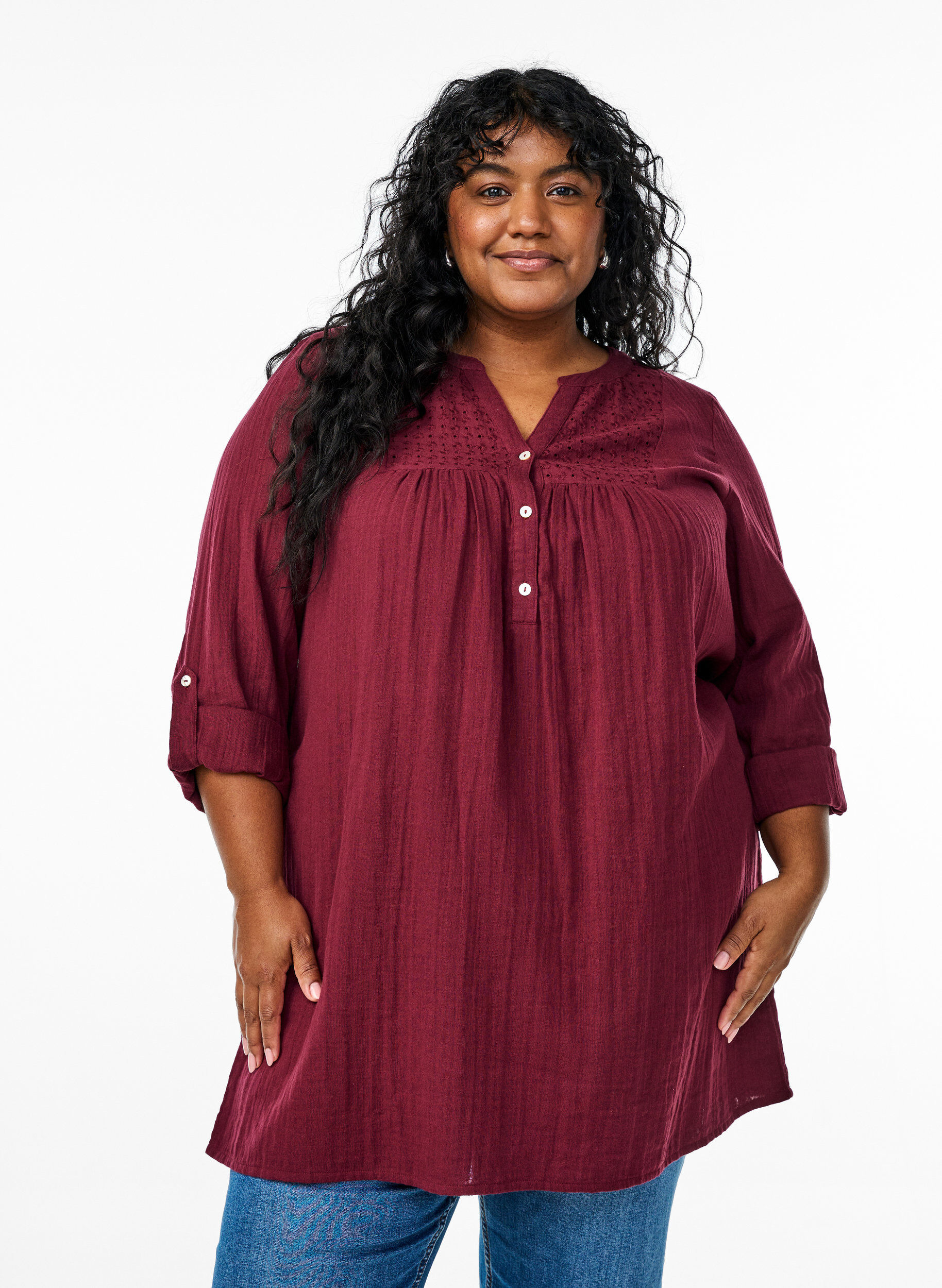 Zizzifashion Cotton muslin tunic with broderie anglaise, Dark Bordeaux, Model image number 0