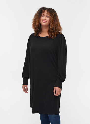 Plain, balloon-sleeved dress, Black, Model image number 0