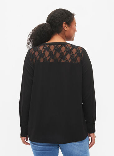 Long-sleeved blouse with lace detail , Black, Model image number 1