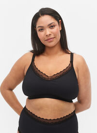 Ribbed bra with lace, Black, Model