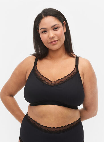 Ribbed bra with lace, Black, Model image number 0