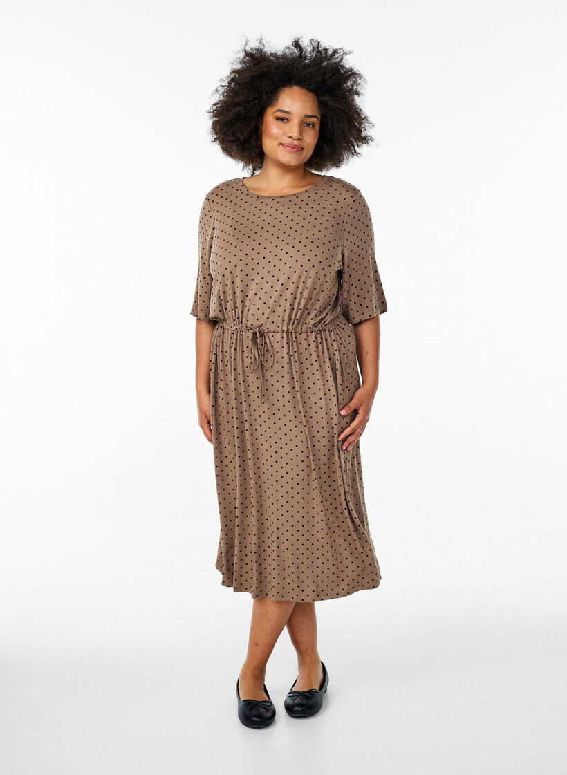 Midi-length jersey dress with tie belt at the waist, Brown, Model image number 0