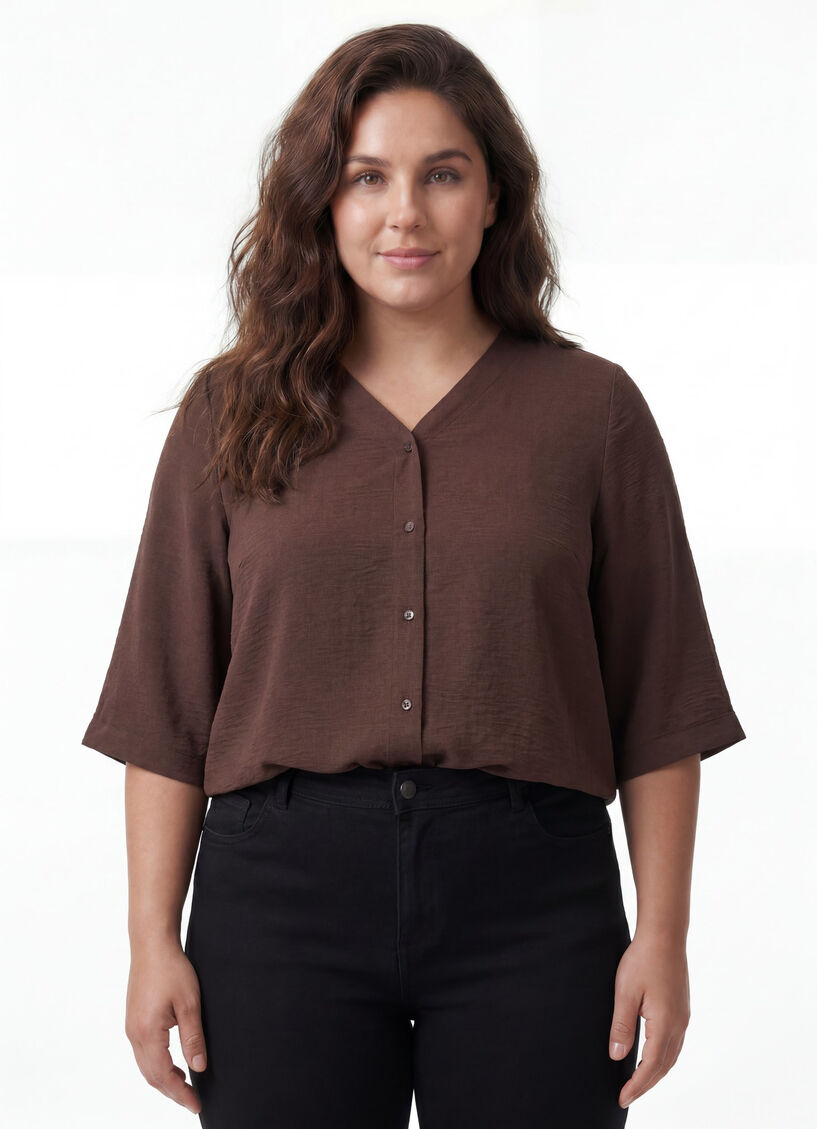 Shirt blouse with V-neck and 3/4 sleeves, Brown, Model image number 0