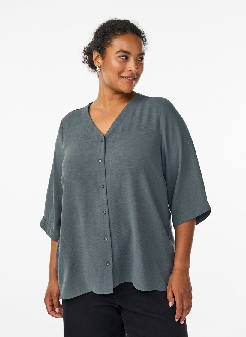 Shirt Blouse with V-Neck and 3/4 Sleeves, Green, Model image number 0