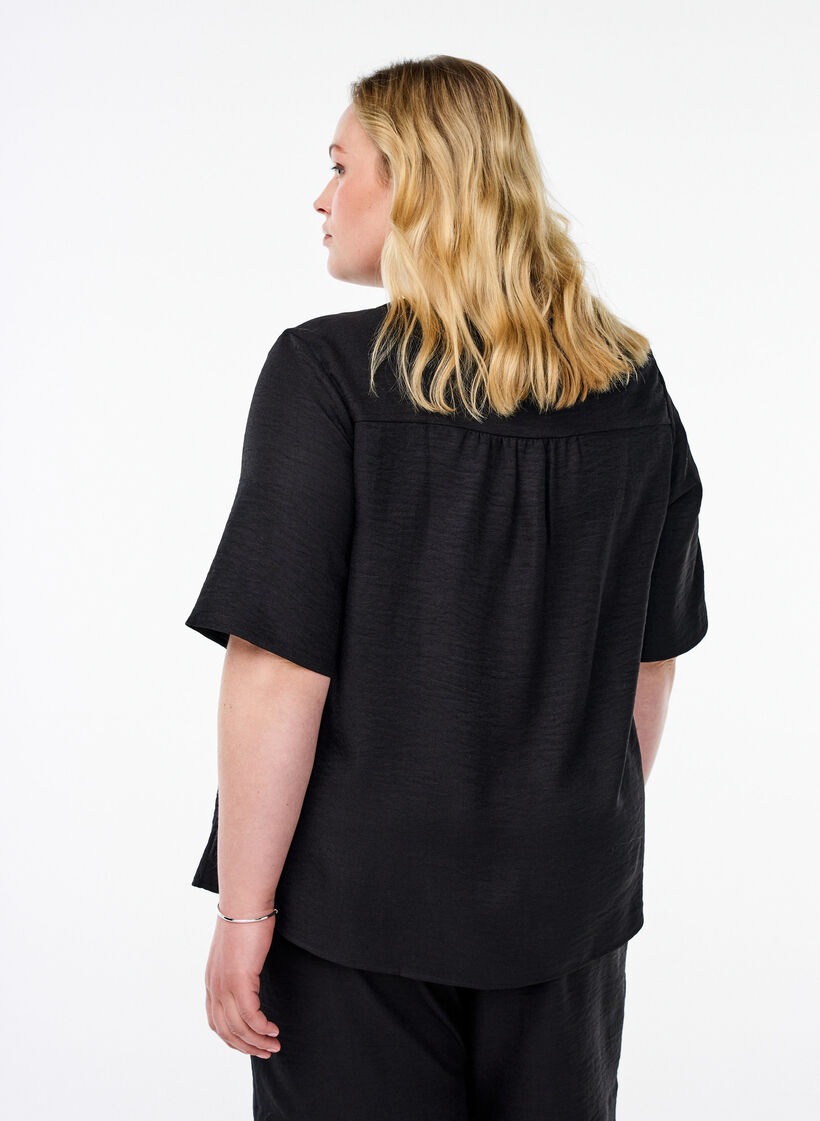 V-neck shirt blouse with short sleeves, Black, Model image number 2