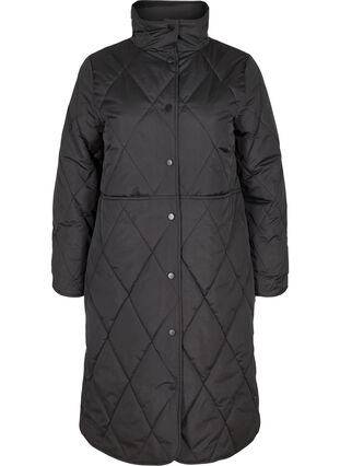 Long quilted high-neck jacket with pockets, Black, Packshot image number 0