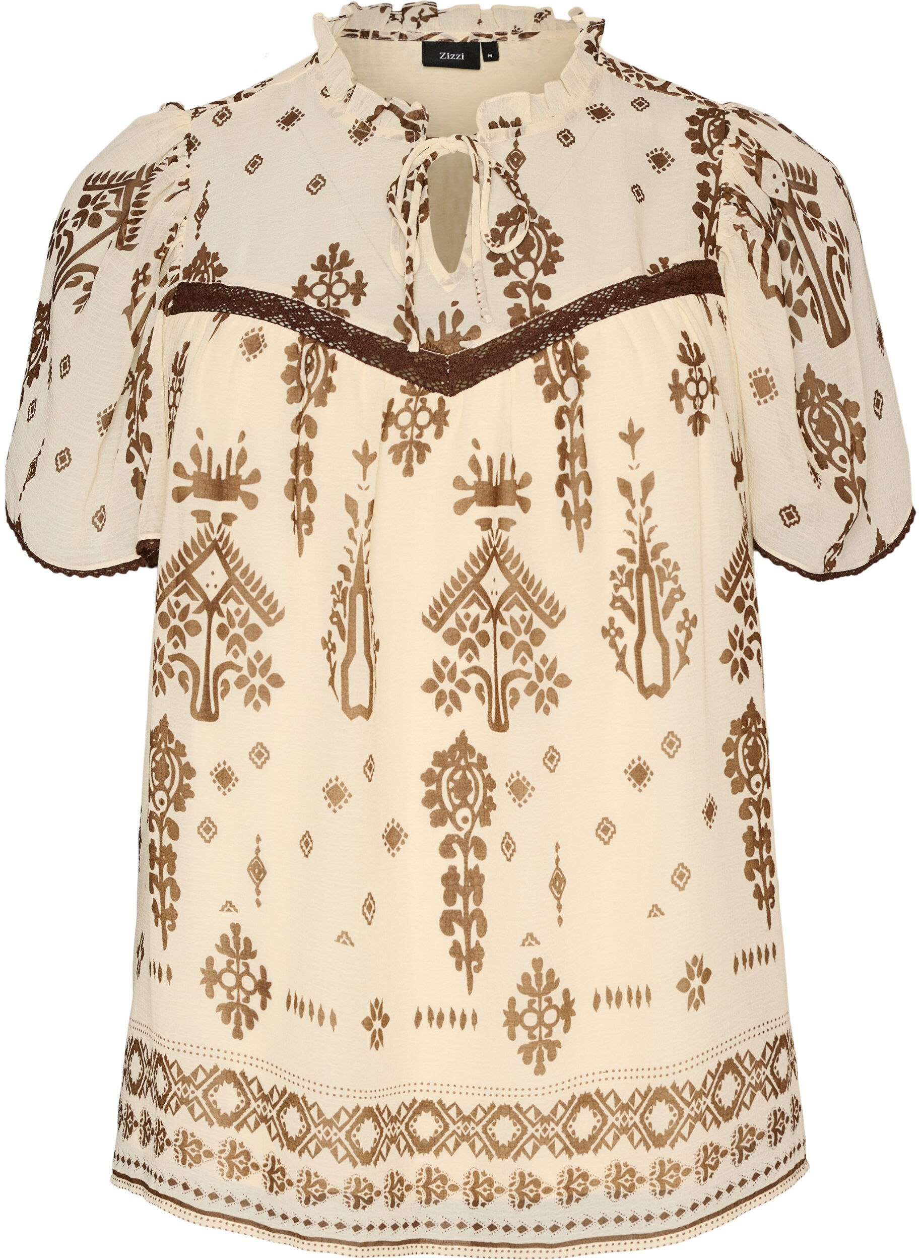 Blouse with pattern and crochet trim