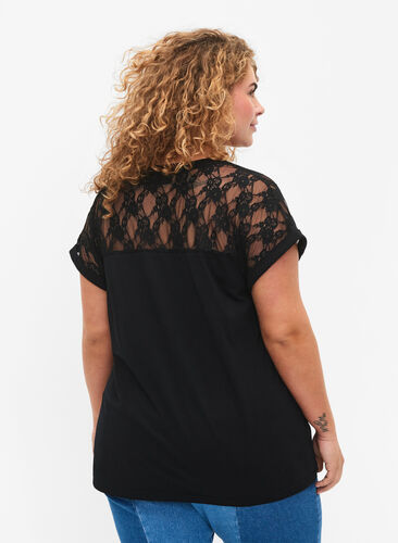 Short-sleeved cotton t-shirt with lace, Black, Model image number 1