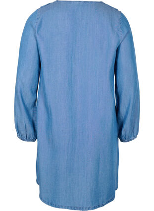 Denim dress with v-neckline and ruffles, Blue denim, Packshot image number 1