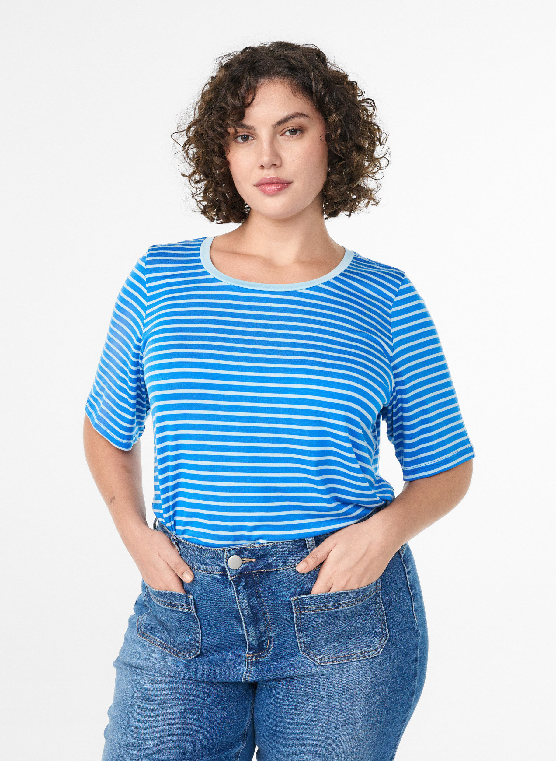 T-shirt with TENCEL&trade; Lyocell and stripes, Blue, Model