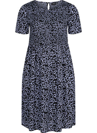 Printed viscose dress with smock, Blue Dot, Packshot image number 0