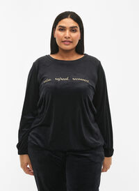 Velour blouse with embroidered text, Black, Model