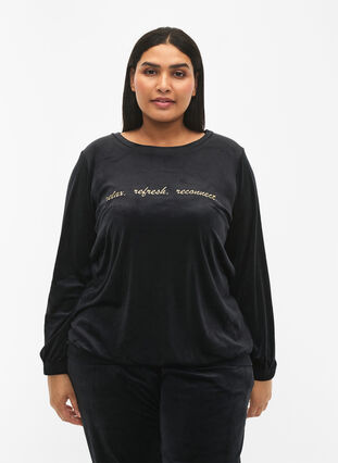 Velour blouse with embroidered text, Black, Model image number 0