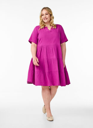 Knee-length cotton muslin dress with an A-line cut - Purple - Sz. 40-64 - Zizzifashion Knee-length cotton muslin dress with an A-line cut - Purple - Sz. 40-64 - Zizzifashion