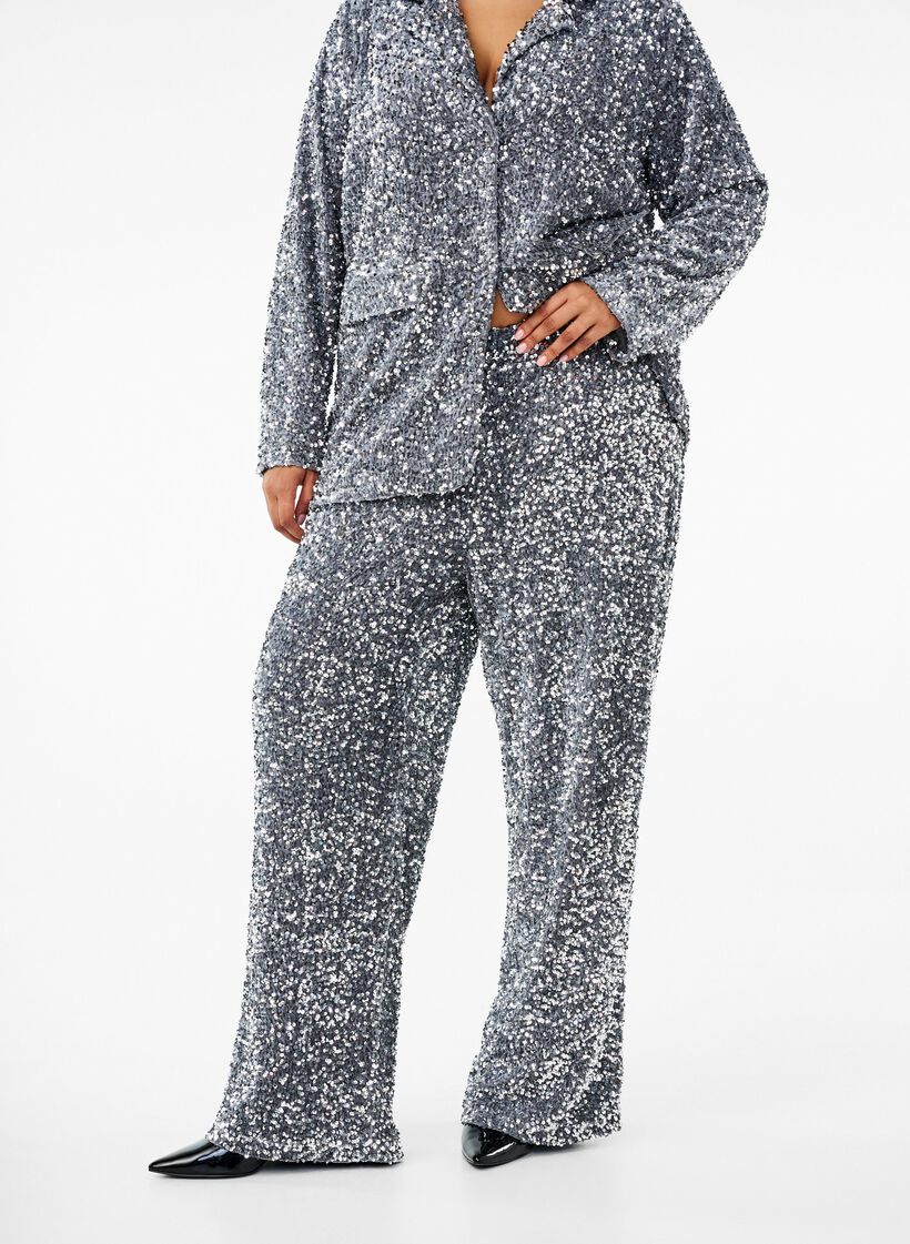 Loose sequin trousers with high waist, Silver, Model image number 2