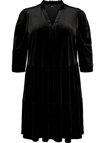 Velour dress with ruffle collar and 3/4 sleeves, Black, Packshot image number 0