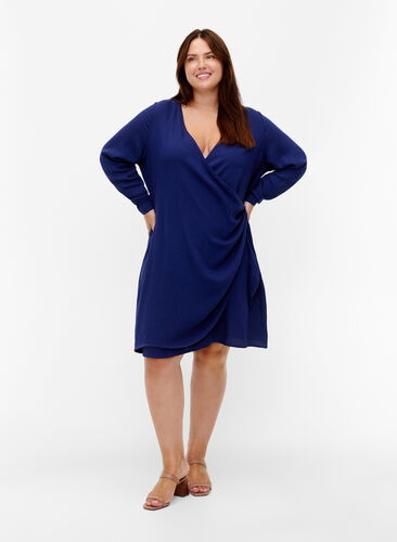Long sleeve viscose dress with a wrap look, Medieval Blue, Model image number 2